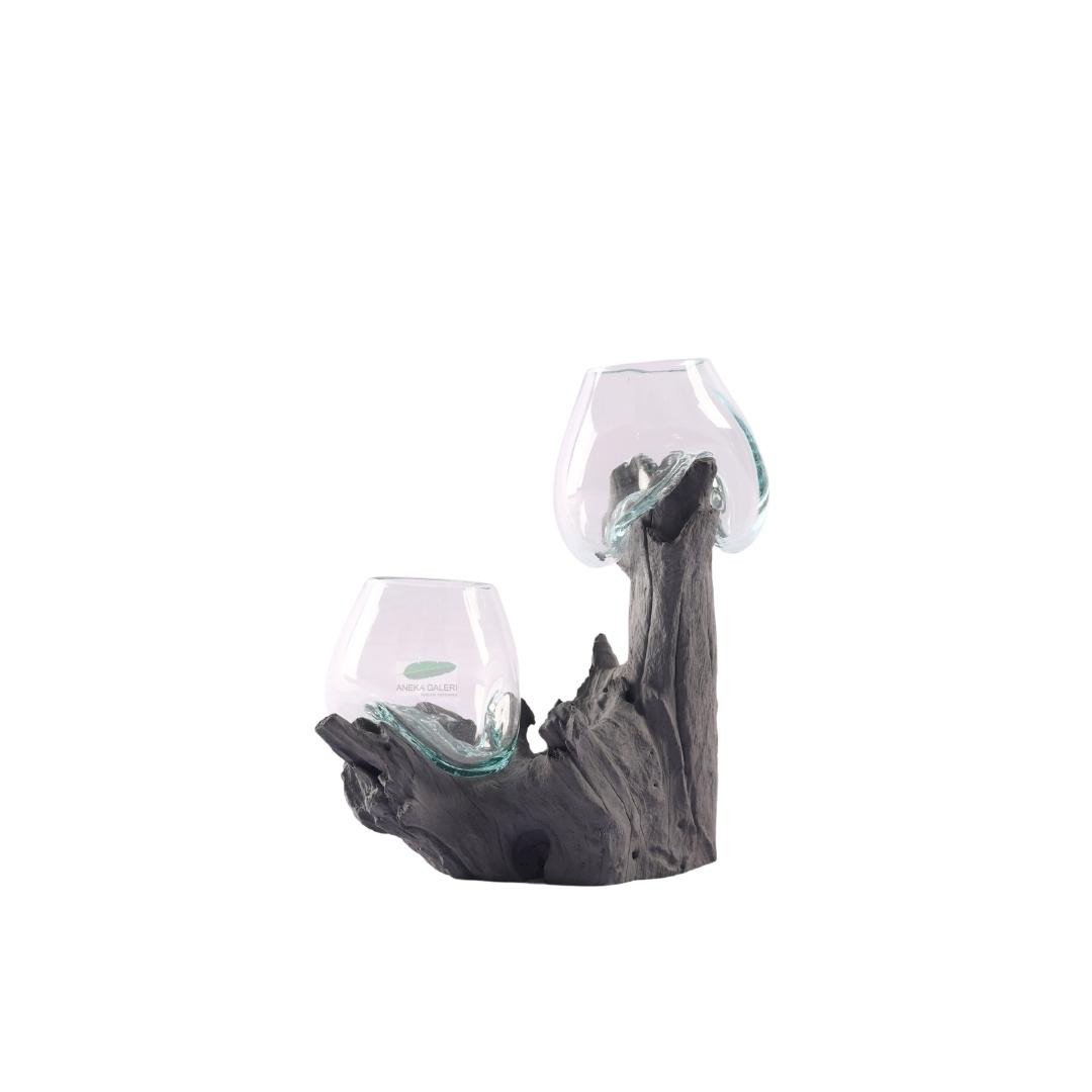 Root with glass bowl ca. 20x12x30cm, LIGHT GREY