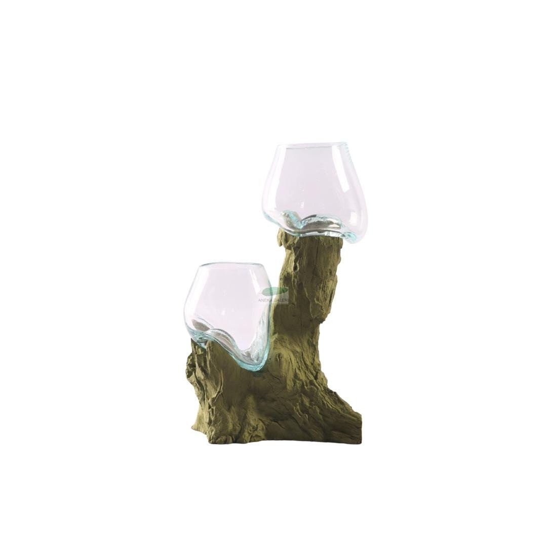 Root with glass bowl ca. 20x12x30cm, OLIVE GREEN